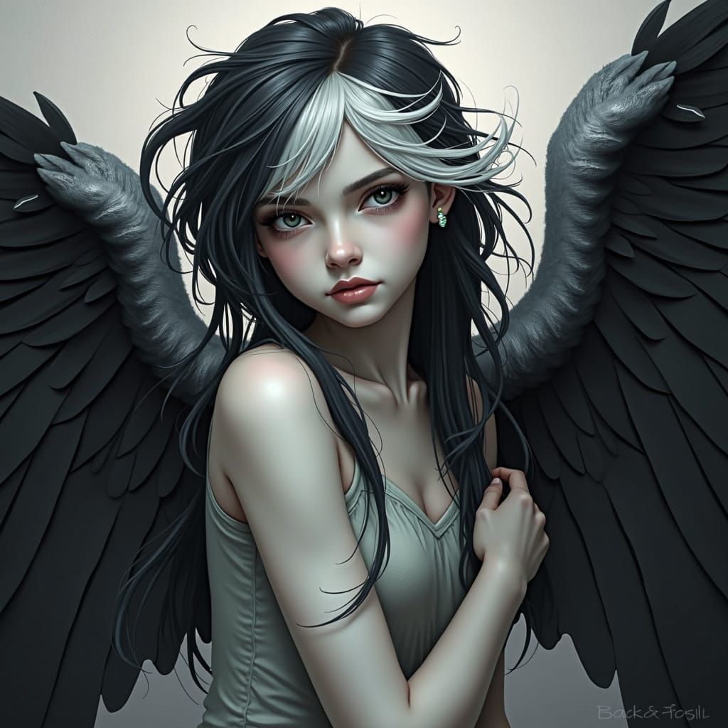 Monochrome Fallen Angel with Striking Hair