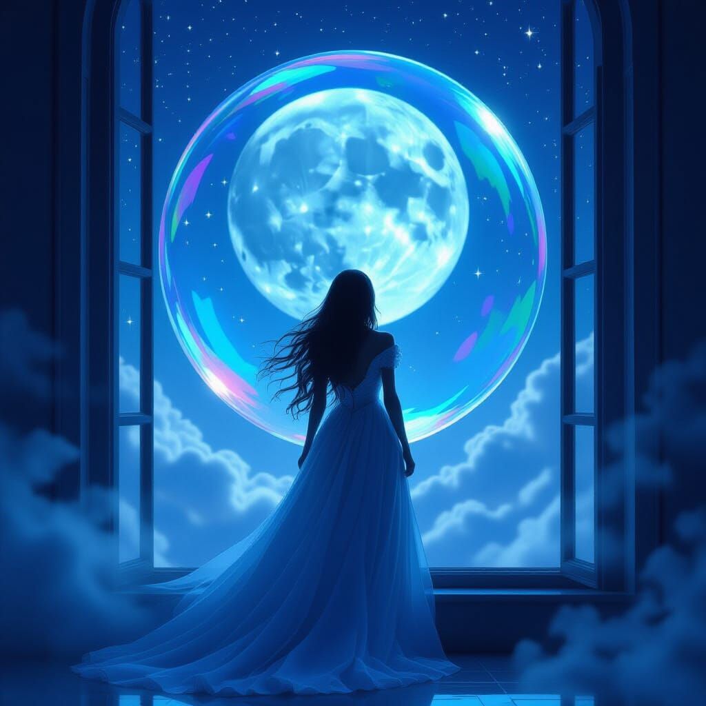 Ethereal Lady in Iridescent Bubble at Window