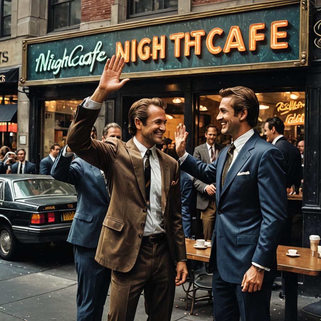 Businessmen Celebrate at Nightcafe in 80s Style
