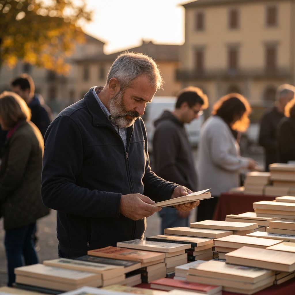Man Inspecting Books at Autumn Festival