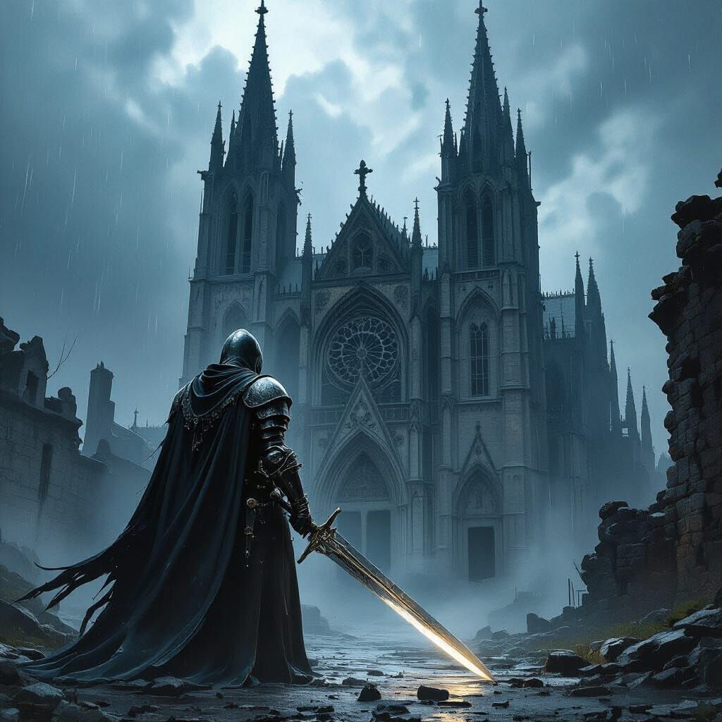 Spectral Knight at Gothic Cathedral in Dramatic Lighting