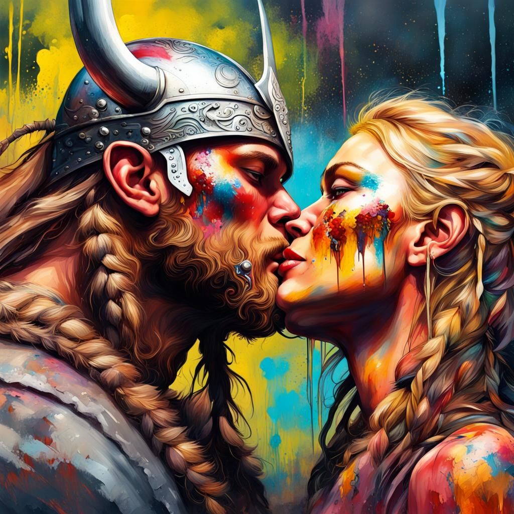 Warrior Princess and Viking Lover in Graffiti Art