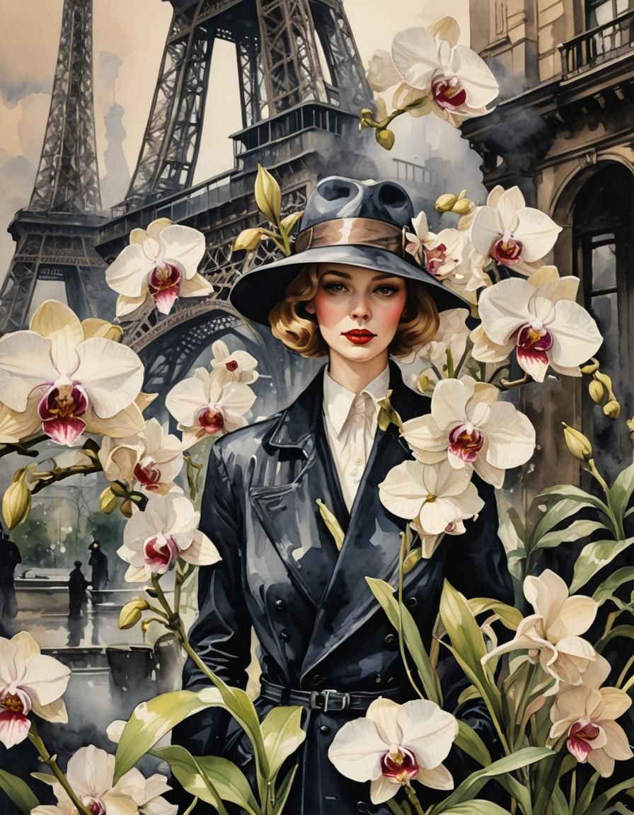 Noir Detective with Orchids, Watercolor Eiffel Tower