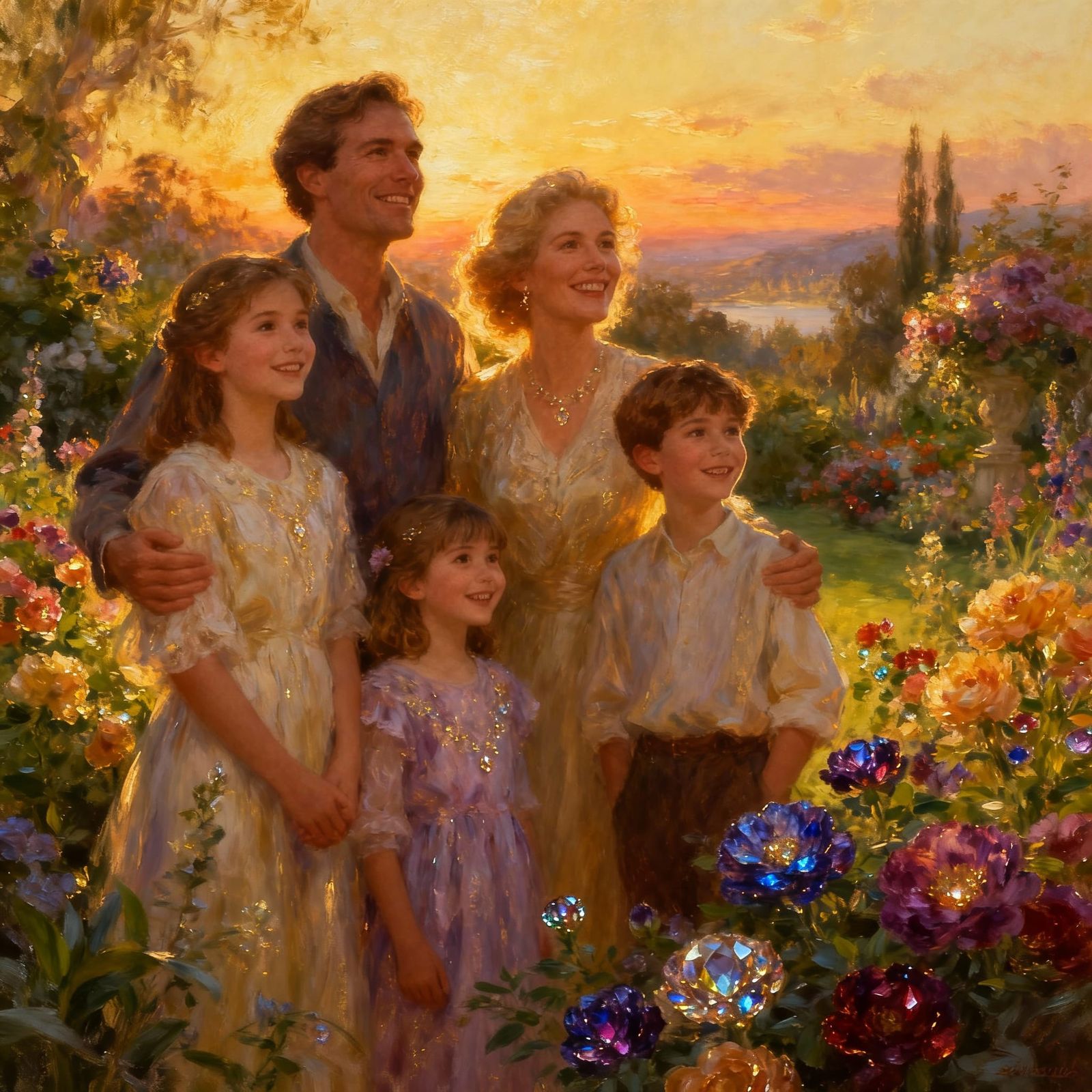 Joyful Family in Golden Sunset Garden