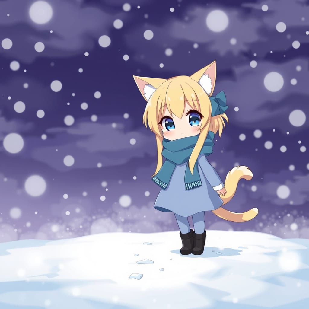 Adorable Anime Catgirl Faces Blizzard in Moody Nighttime Sce...