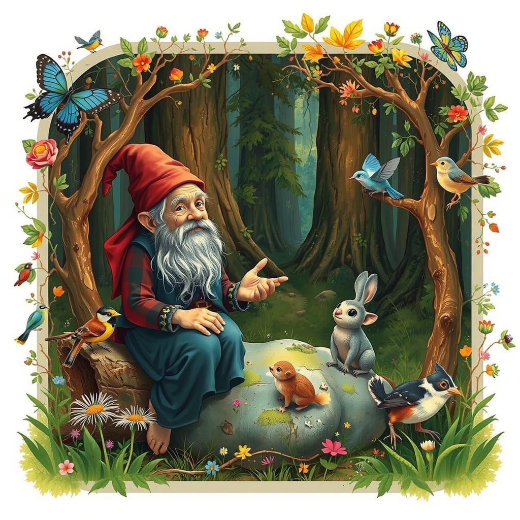 Gnome Chatting with Forest Animals in Fairy Tale Style