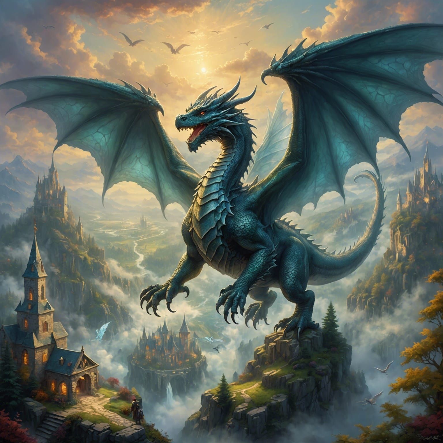 Dragon with Angel Wings Over Army