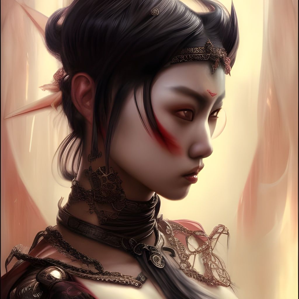 Gothic Asian Warrior Portrait in Hyperdetailed Style