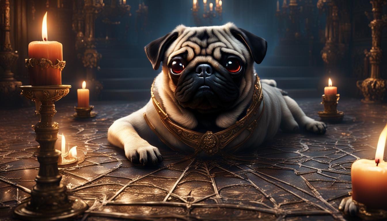 Pug in Phantom's Lair with Spiderwebs, Photorealistic