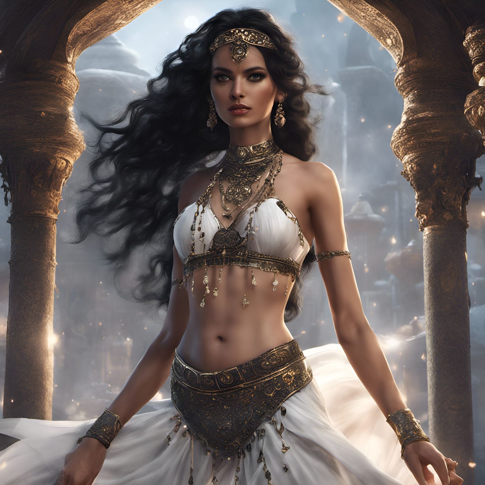 Black-Eyed Belly Dancer in White Dress: Fantasy Art