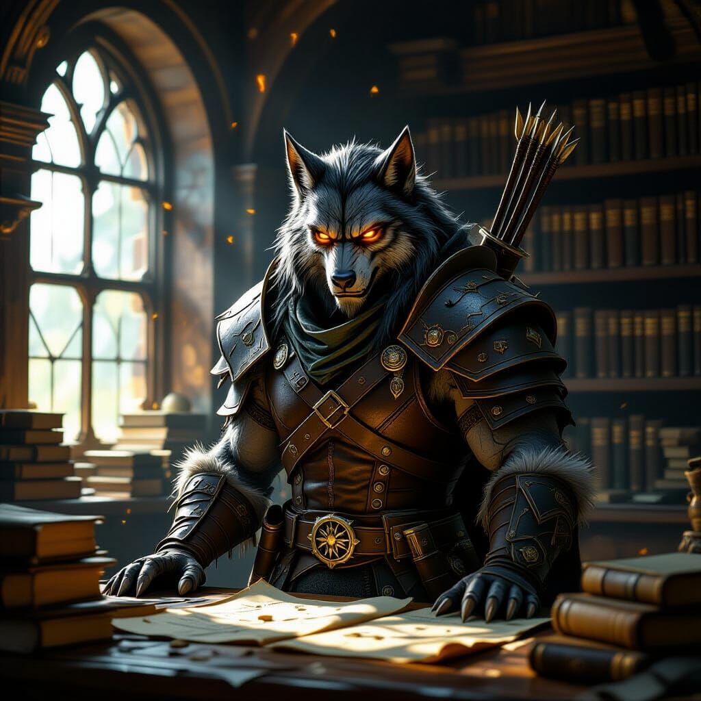 Worgen Hunter Guards Ancient Office in Dark Fantasy Style