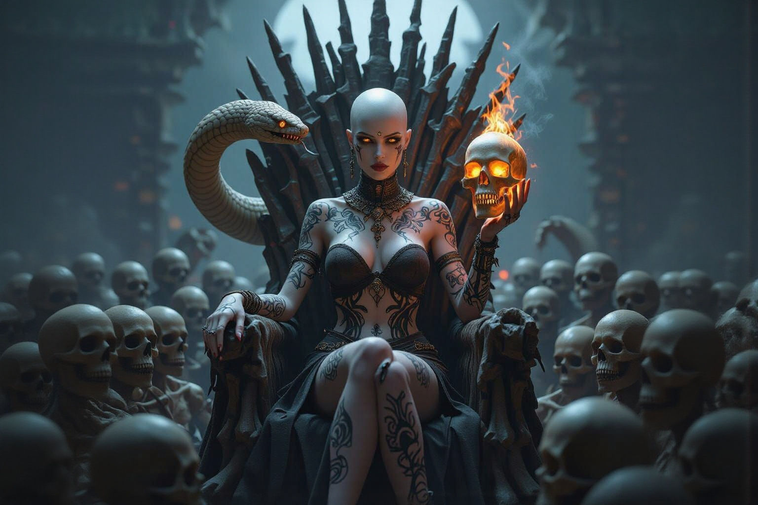 Female Necromancer on Bone Throne with Fiery Skull
