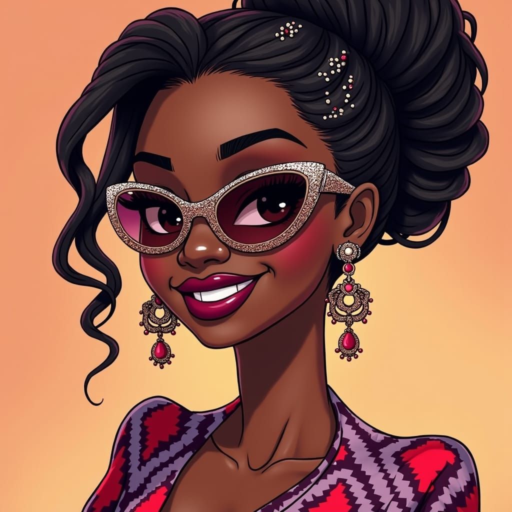 Animated Black Woman with Cat-Eye Sunglasses, Loish Style