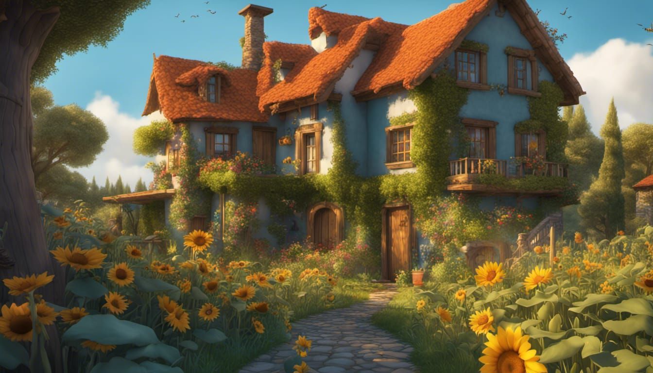 Wooden House With Sunflower Garden: Pixar-Style 3D Art