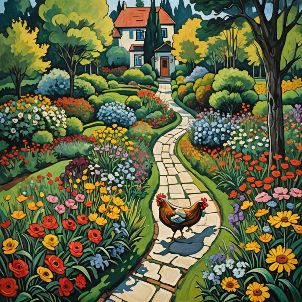 Chicken on Garden Path in Cubist Expressionism