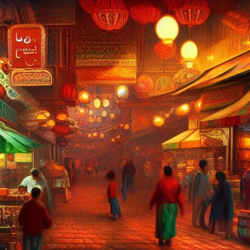 Vibrant Middle Eastern Bazaar in Fantasy Art Style