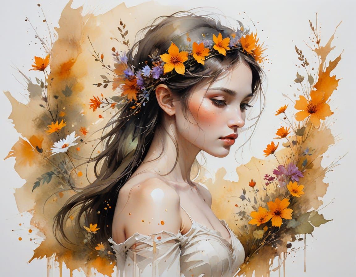 Elf Princess with Wildflower Crown in Watercolor Style