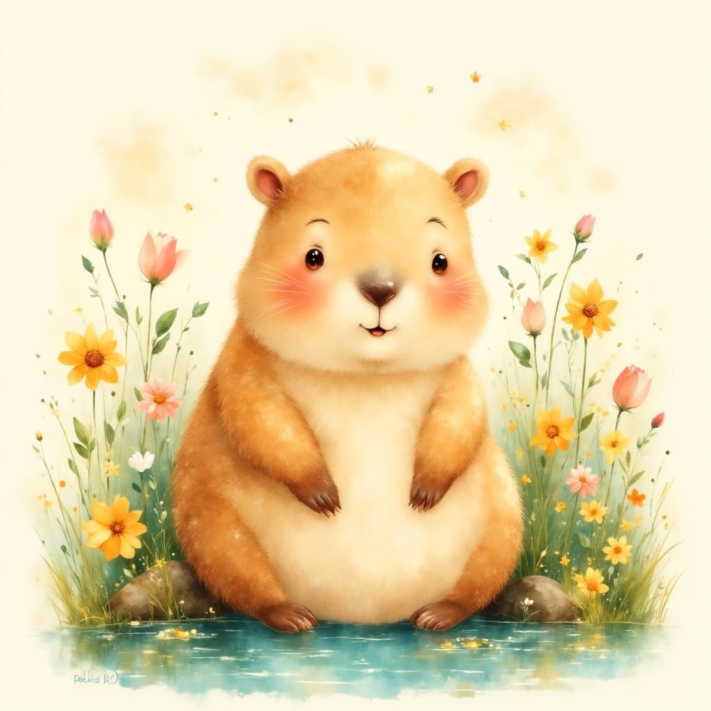 Cozy Capybara Relaxing by a Pond