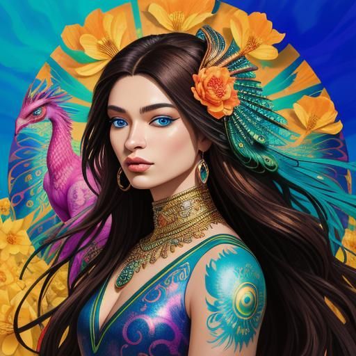 Dragon-Peacock Woman Portrait in Polychromatic Street Art