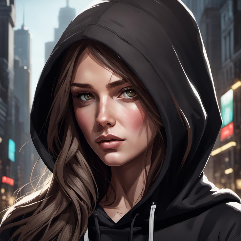 Detailed Portrait of Girl in Hoodie, Art Nouveau Style