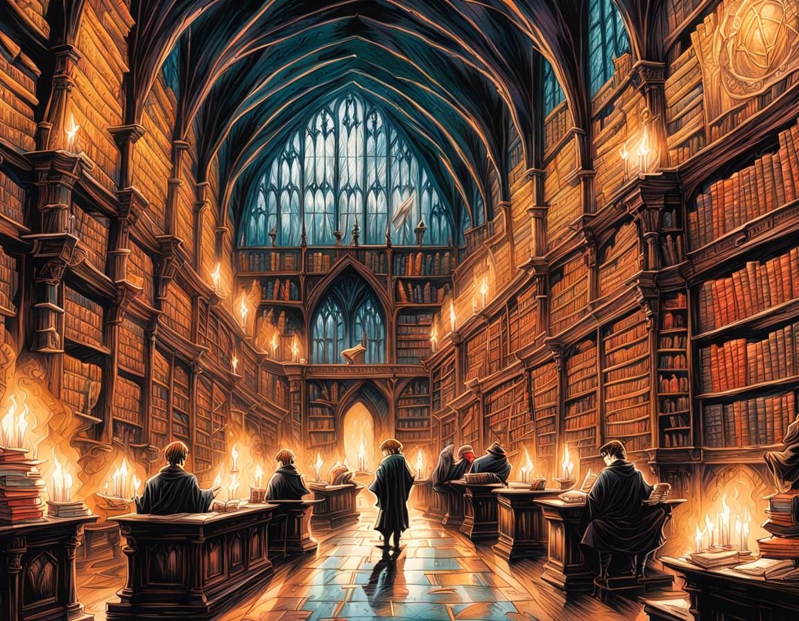 Harry Potter in Hogwarts Library, Watercolor Style