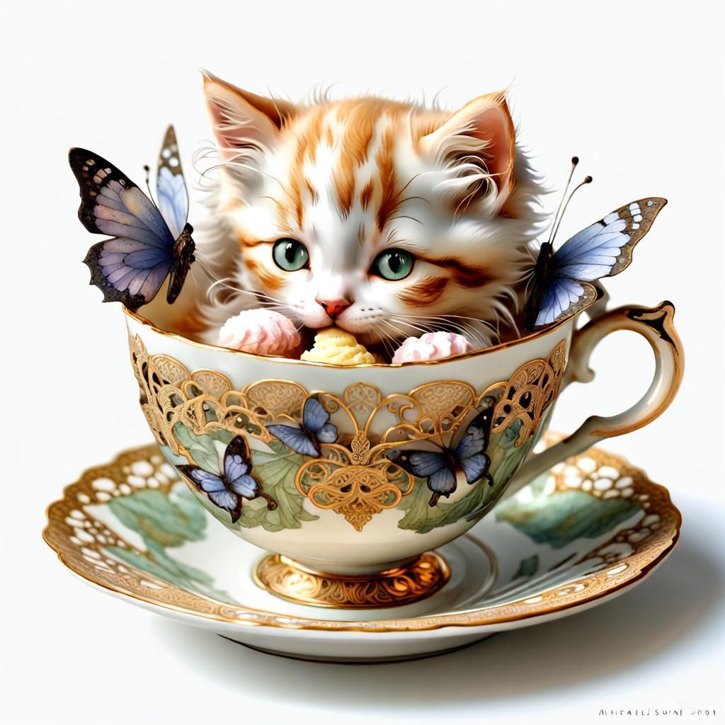 Kitten in Teacup with Ice Cream: Art Nouveau Style