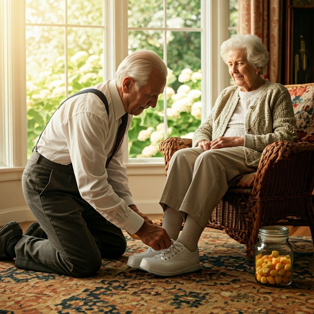 Devoted Husband Tying Wife's Shoes in Gentle Watercolor Scen...