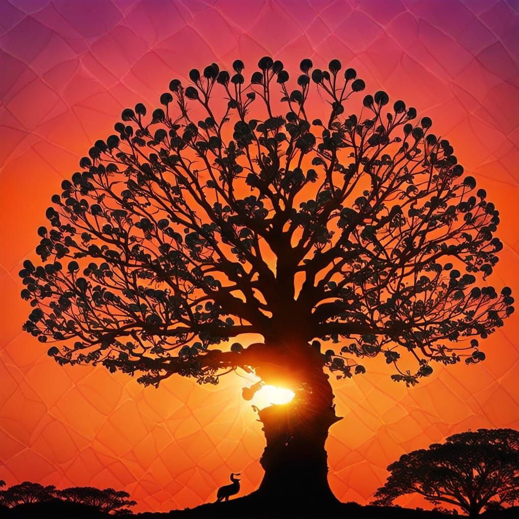 Vibrant Peacock on Baobab Tree Under Orange Sunset