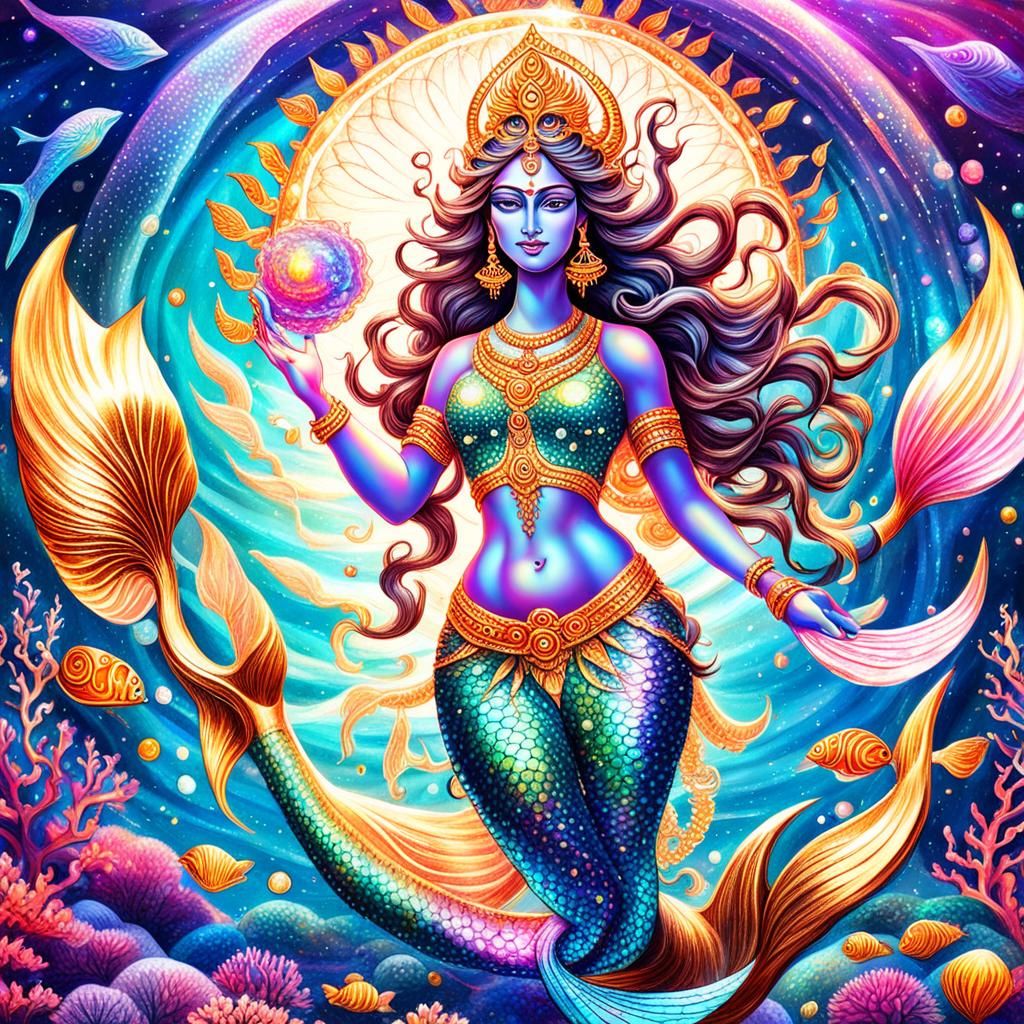 Durga as Mermaid in Holographic Cosmic Illustration