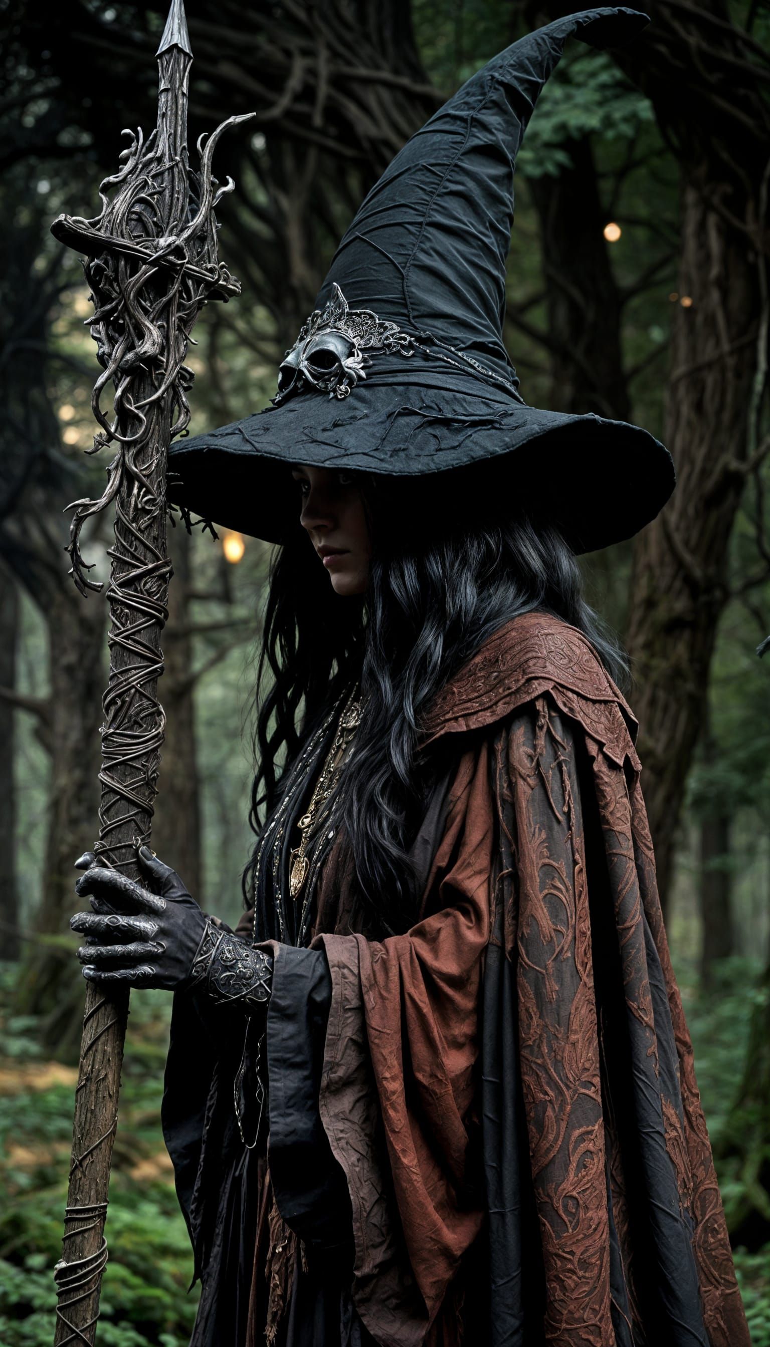 Witch in Shadowy Forest Holding Glowing Staff