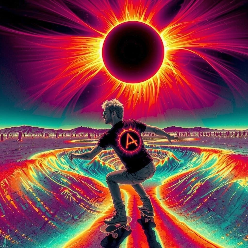 Skater Under Surreal Solar Eclipse in Desert