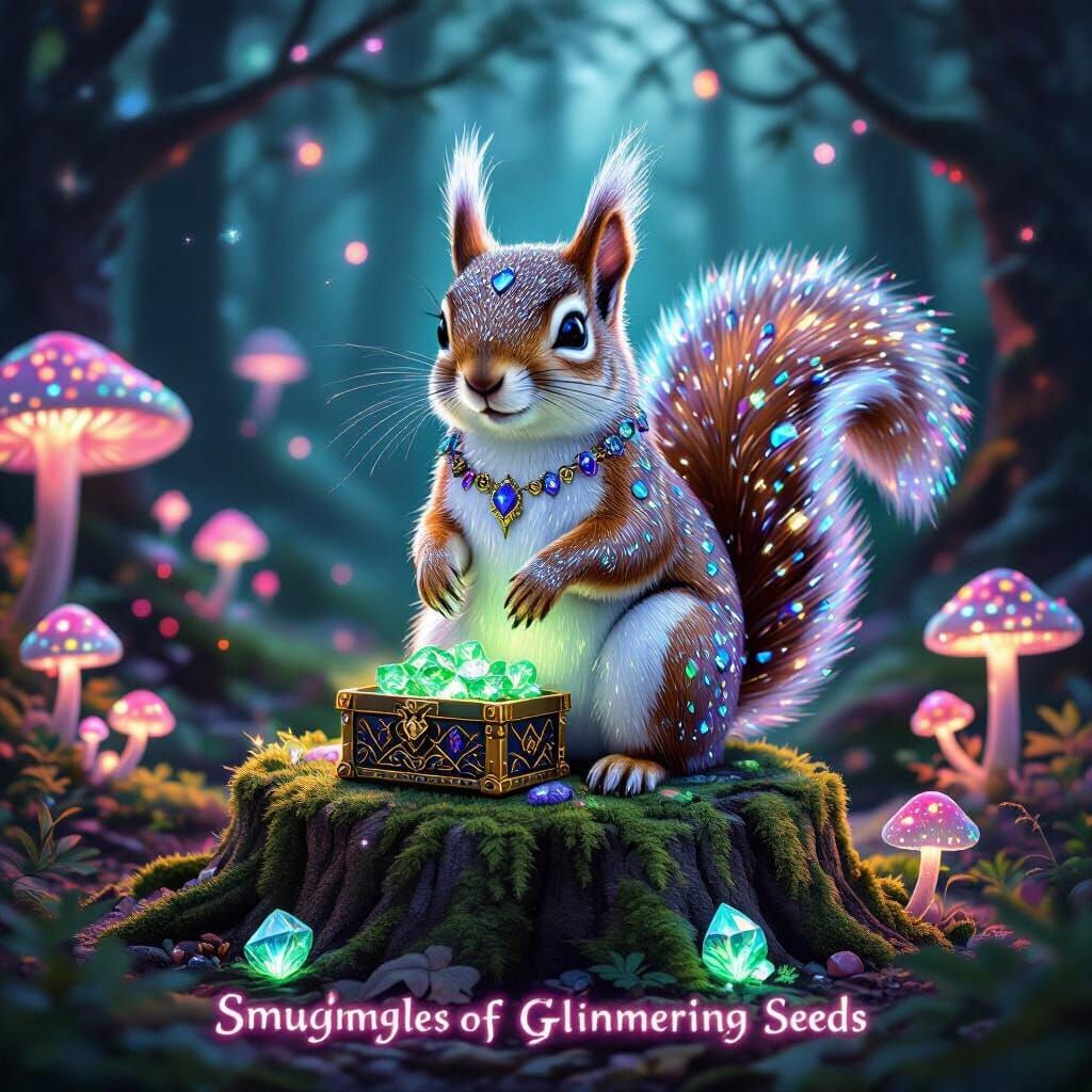 Mystical Squirrel in Enchanted Forest with Crystals