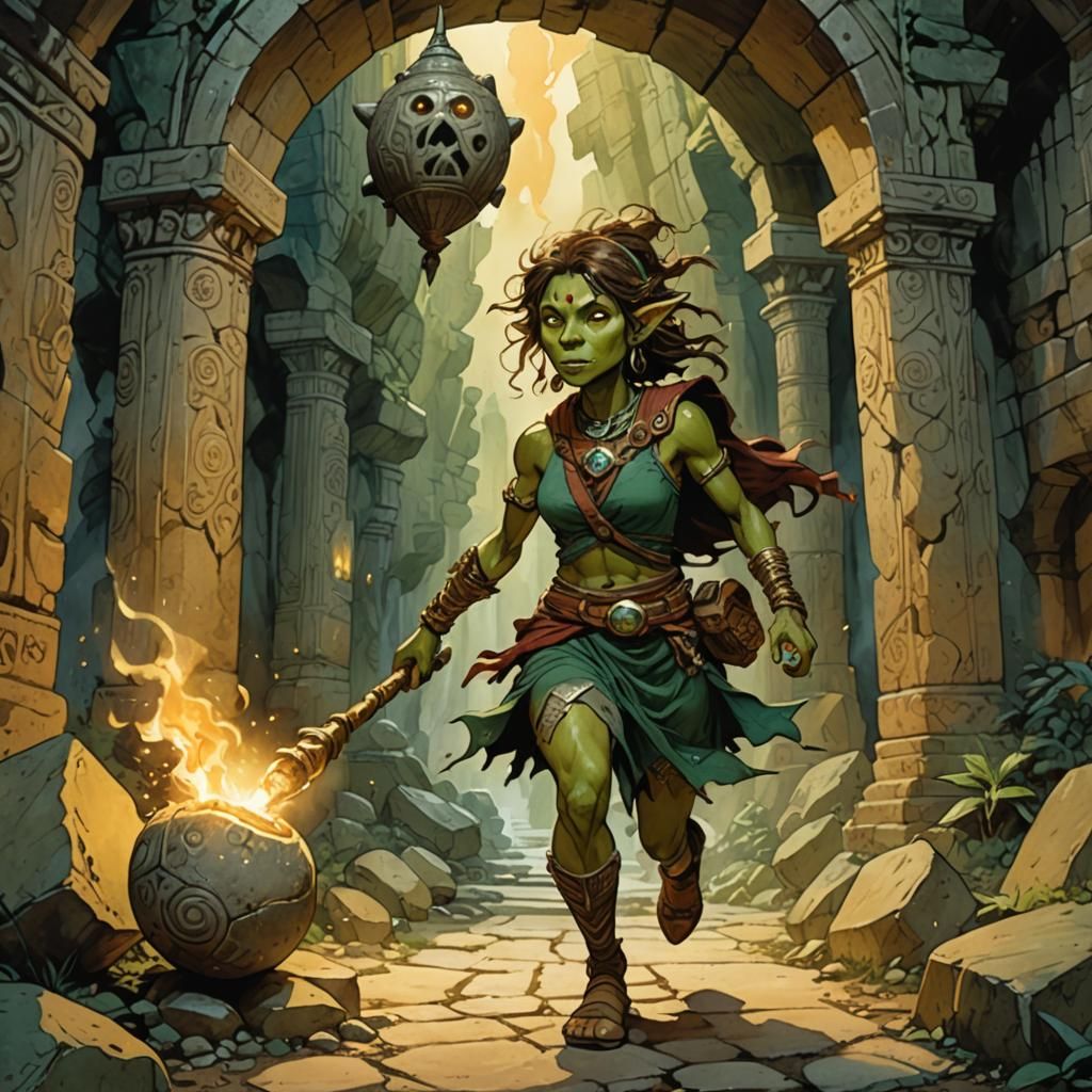 Goblin Escaping Boulder, Watercolor and Ink Style