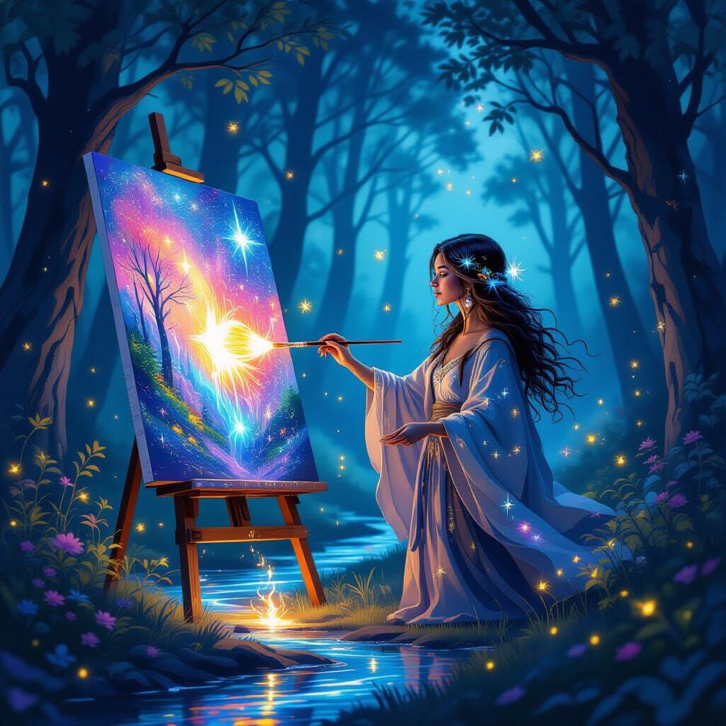 Mystical Artist Painting Twilight Forest With Starlight Canv...