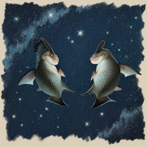 Two happy sturgeon swimming in stars in the night sky. surreal Van Gogh