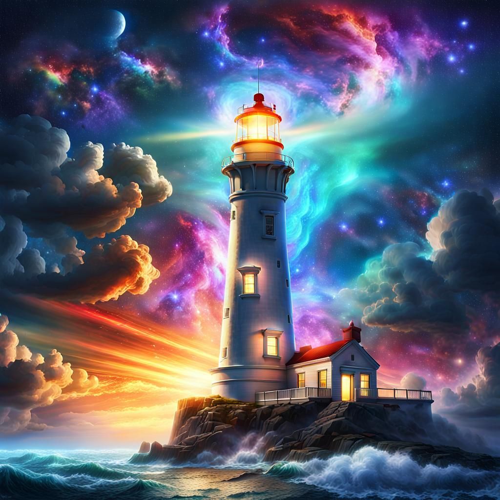 Lighthouse Beaming Multicolored Light on Nebula Sky