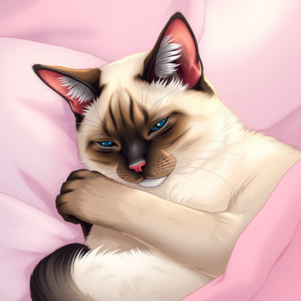 Siamese Cat Grooming in Anime Manga Style