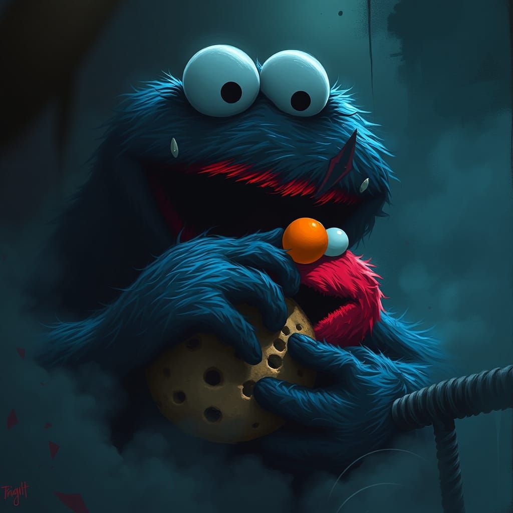 Cookie Monster Devouring Elmo in Dark Fantasy Style