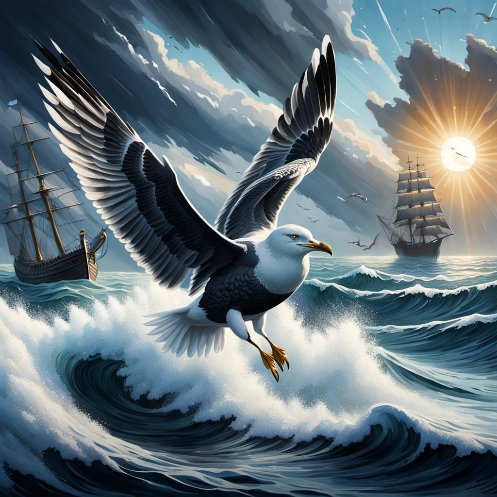 Seagull Over Stormy Sea in Dark Fantasy Style