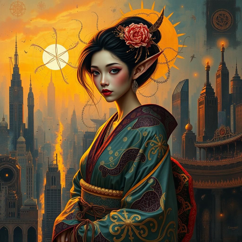 Geisha Elf in Dystopian Cityscape, Impasto Painting