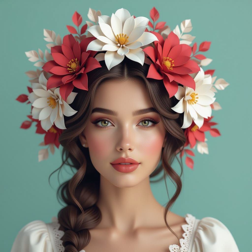 Paper Ribbon Flowers Portrait in Digital Art Style