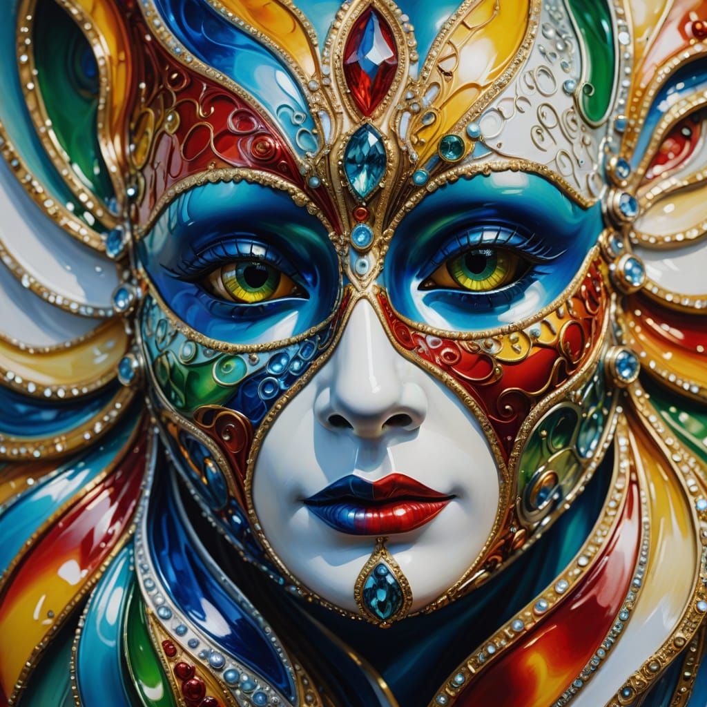 Surreal Oil Painting of a Shimmering Mask in Vibrant Colors