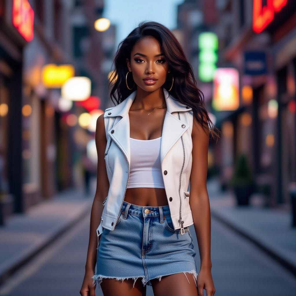 Fashion Photo of Young Black Woman in Vest and Denim Skirt