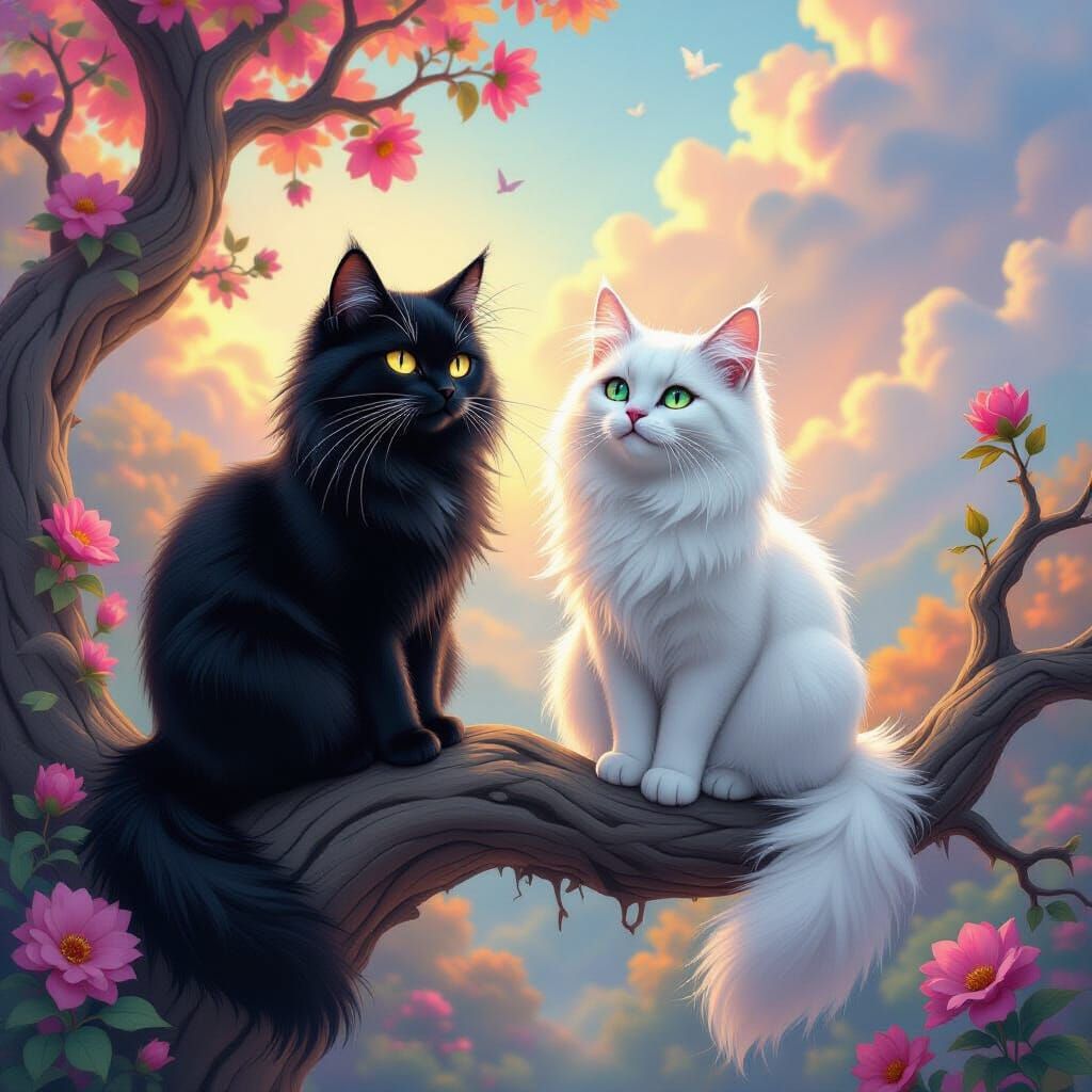 Black and White Cats in Wonderland Surreal Landscape