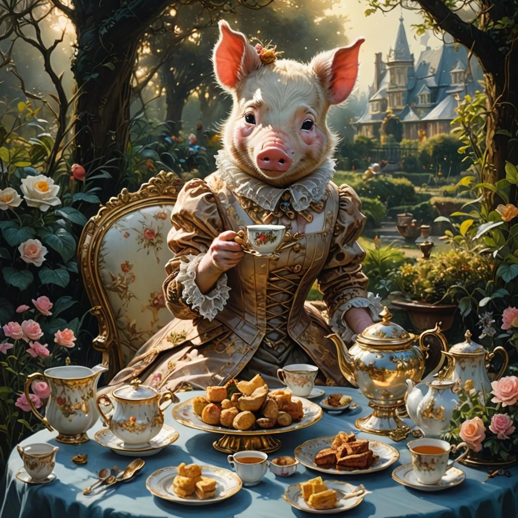 Victorian Piglet Having Tea in Elegant Garden