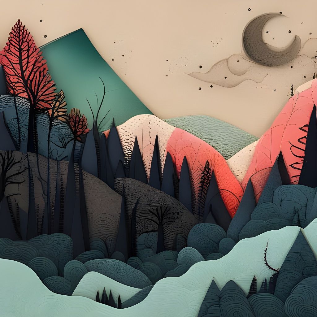 Boho Modern Nightscape with Trees and Hills