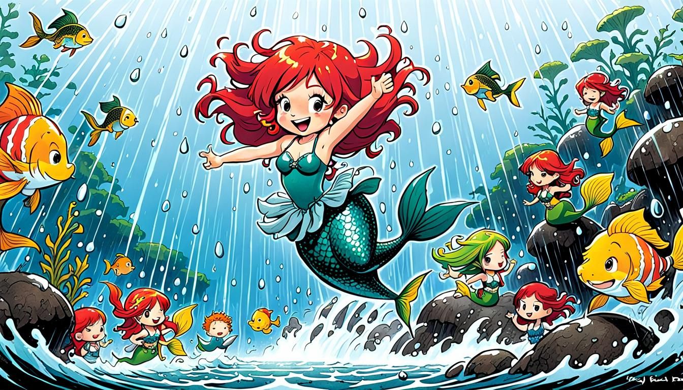 Little Red-Haired Girl Dances with Mermaids in a Whimsical F...