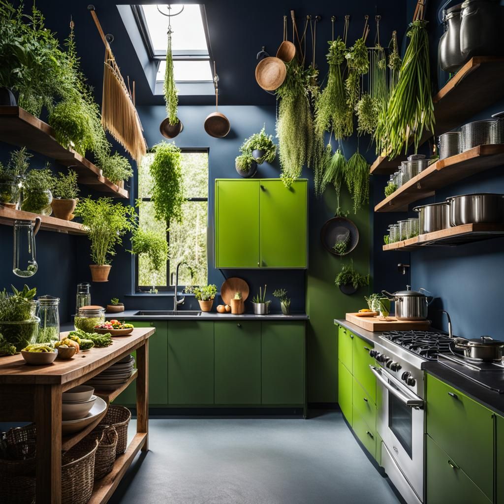 Charming Kitchen with Green Cupboards and Hanging Herbs