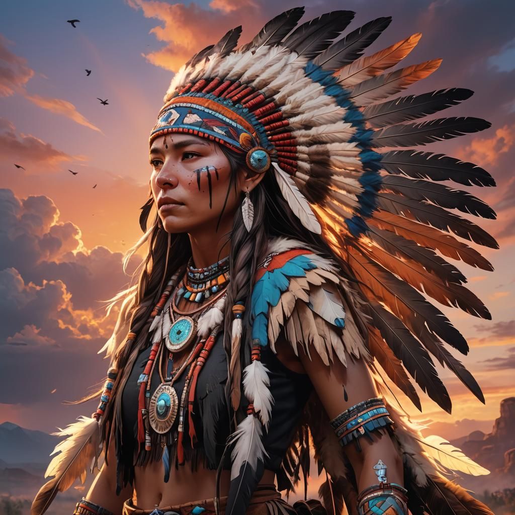 Native American Female with Buffalo in Anime Style