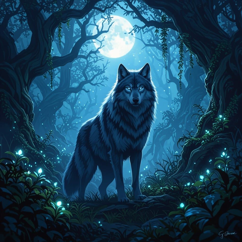 Concept art style. A majestic wolf shifter in a dense, ancie...